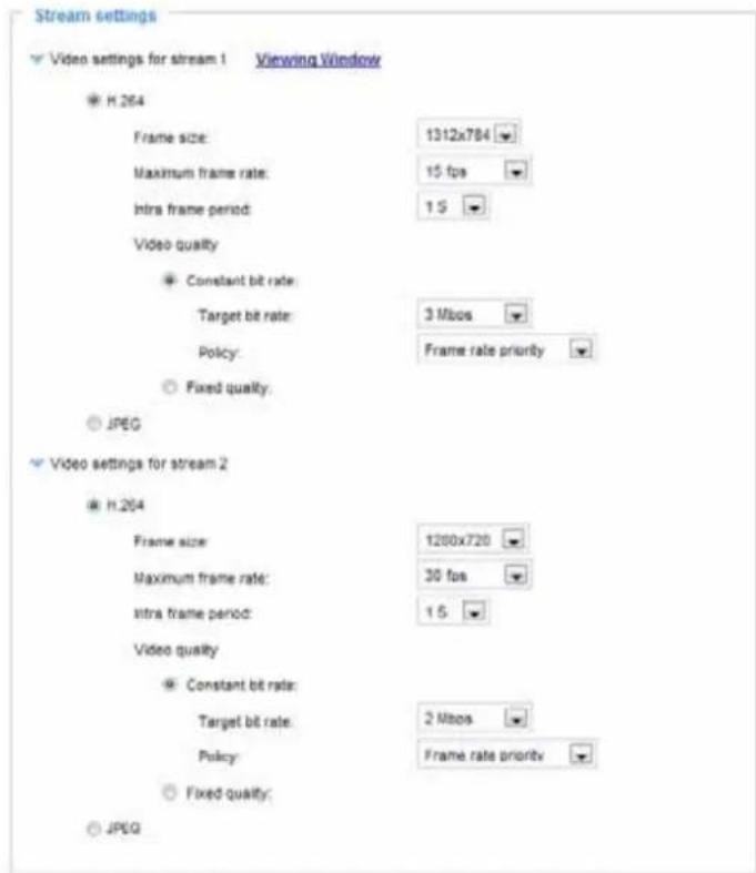 Stream settings ✓ Video settings for stream 1 Viewing Window H.264 Frame size: 1312x784 Maximum frame rate: 15 fps Intra frame period: 1.5 Video quality ● Constant bit rate: Target bit rate: 3 Mbps Policy: Frame rate priority ○ Fixed quality: JPEG ✓ Video settings for stream 2 H.264 Frame size: 1200x720 Maximum frame rate: 30 fps Intra frame period: 1.5 Video quality ● Constant bit rate: Target bit rate: 2 Mbps Policy: Frame rate priority ○ Fixed quality: JPEG