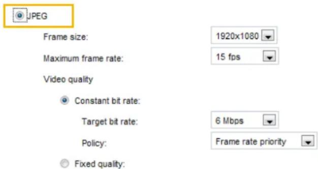 JPEG Frame size: 1920x1080 Maximum frame rate: 15 fps Video quality Constant bit rate: Target bit rate: 6 Mbps Policy: Frame rate priority Fixed quality: