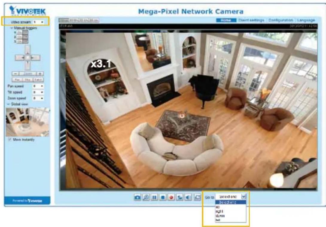 VIVOTEK Video stream 1 Manual torgers 1.00 2.00 3.00 x3.1 Pain speed 0 Tst speed 8 Zoom speed 0 Global view Move instantly Go to seed one Direction: us right down left