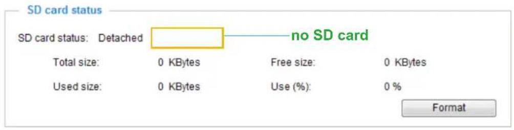 SD card status SD card status: Detached no SD card Total size: 0 KBytes Free size: 0 KBytes Used size: 0 KBytes Use (%): 0 % Format