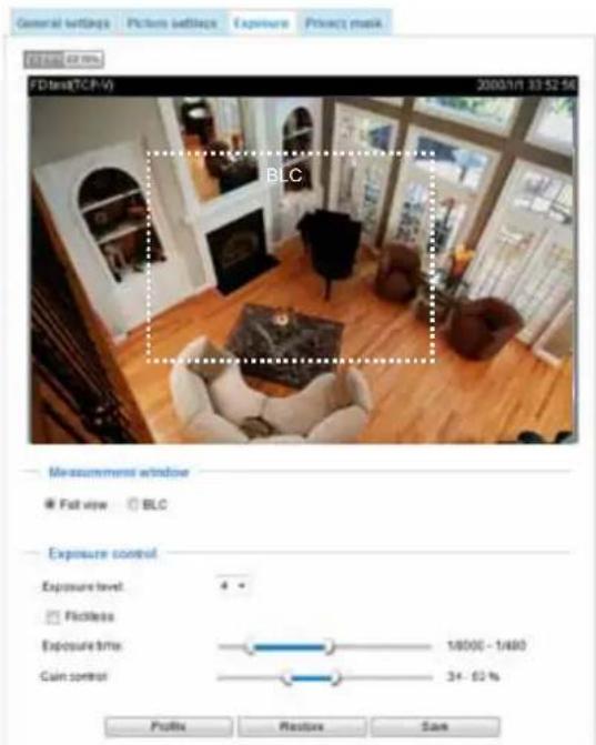 General settings Picture settings Exposure Privacy mask F:\Users\TCP-VI 2000/11 13:52:54 BLC Measurement window ● Full view ○ BLC Exposure control Exposure level: 4 ● Flickless Exposure time: 18000 - 1/480 Gain control: 34 - 62 % Profile Restore Save