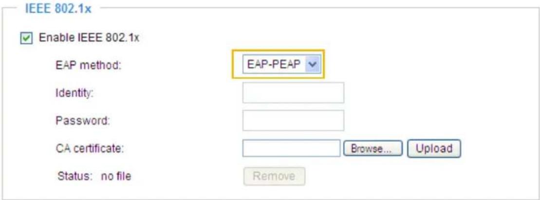 IEEE 802.1x Enable IEEE 802.1x EAP method: EAP-PEAP Identity: Password: CA certificate: Browse... Upload Status: no file Remove