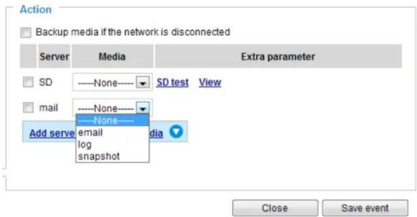 Action Backup media if the network is disconnected Server Media Extra parameter SD None SD test View mail None email log snapshot Add serve media Close Save event