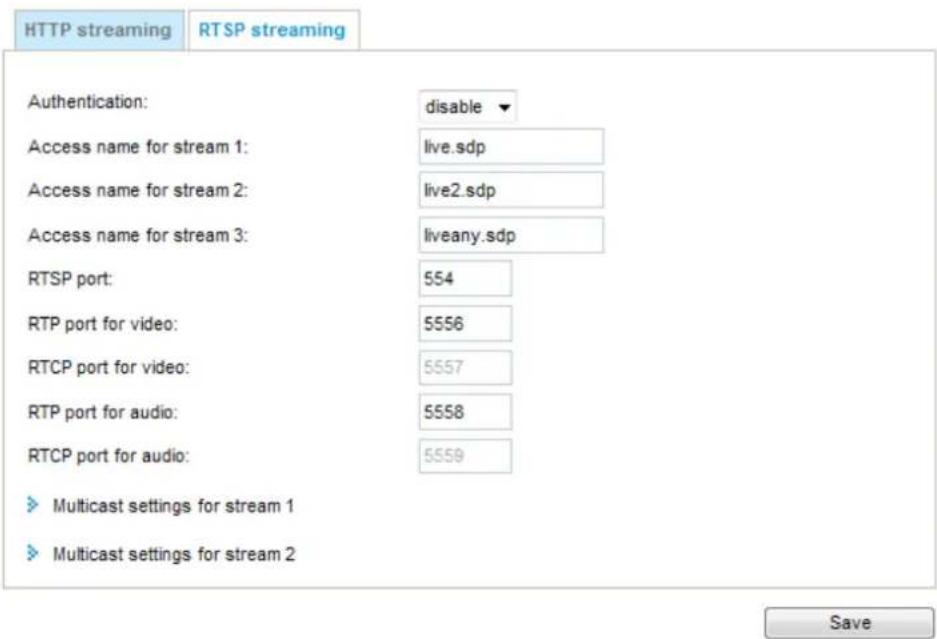 HTTP streaming RTSP streaming Authentication: disable Access name for stream 1: live.sdp Access name for stream 2: live2.sdp Access name for stream 3: liveany.sdp RTSP port: 554 RTP port for video: 5556 RTCP port for video: 5557 RTP port for audio: 5558 RTCP port for audio: 5559 Multicast settings for stream 1 Multicast settings for stream 2 Save