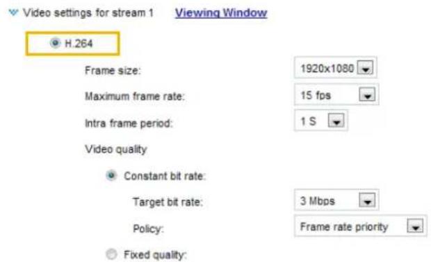 Video settings for stream 1 Viewing Window H.264 Frame size: 1920x1080 Maximum frame rate: 15 fps Intra frame period: 1 S Video quality Constant bit rate: Target bit rate: 3 Mbps Policy: Frame rate priority Fixed quality: