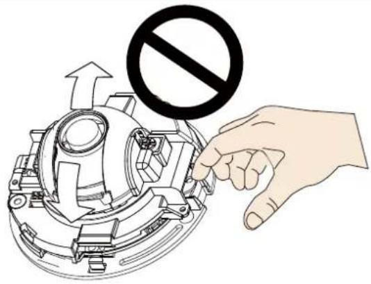 Diagram showing a hand adjusting a mechanical device with a prohibition symbol above, indicating no protection or disapproval.