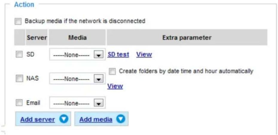 Action Backup media if the network is disconnected Server Media Extra parameter SD ----None ---- SD test View NAS ----None ---- Create folders by date time and hour automatically View Email ----None ---- Add server Add media