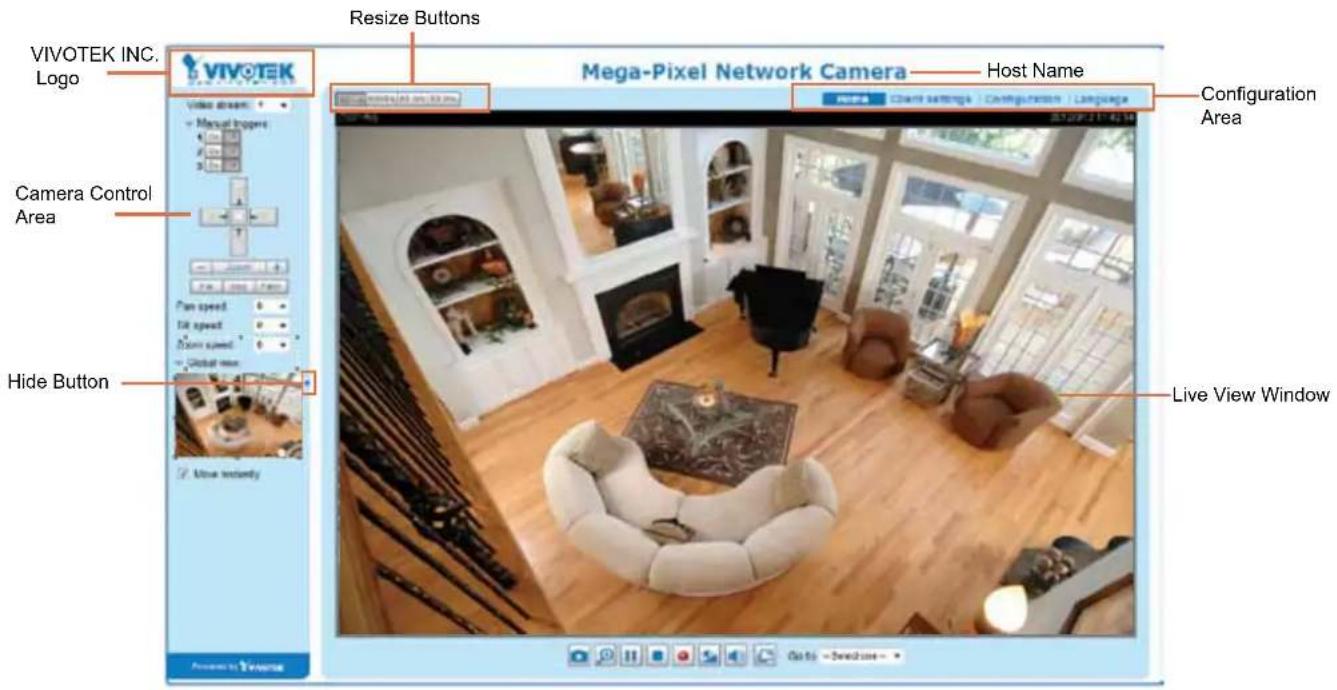 VIVOTEK INC. Logo Resize Buttons VIVOTEK Video dream: Manual tropers Camera Control Area Fan speed 1x speed Zoom speed Global view Hide Button Mega-Pixel Network Camera Host Name Mission Card settings Configuration Language Configuration Area Live View Window Go to Save User