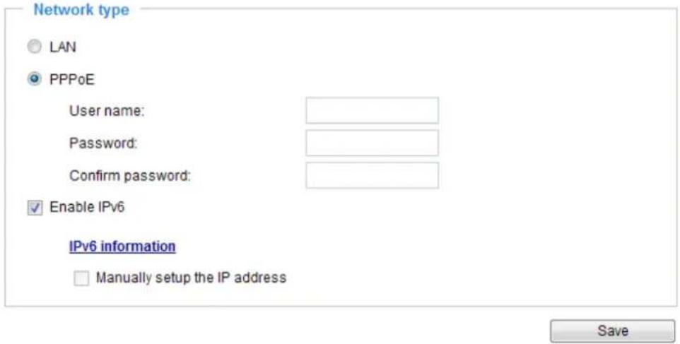 Network type LAN PPPoE User name: Password: Confirm password: Enable IPv6 IPv6 information Manually setup the IP address Save