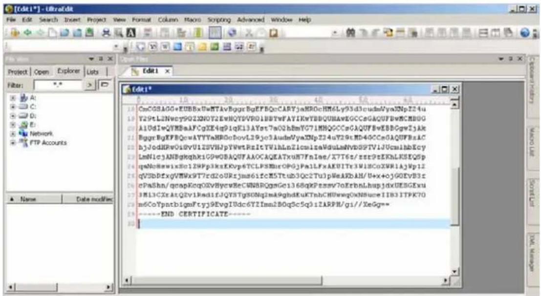 [Edit1*] - UltralEdit File Edit Search Insert Project View Format Column Macro Scripting Advanced Window Help Project Open Explorer Lists Filter: A: B: C: D: E: F: Network: FTP Accounts Name Date modification Edit1* CmCGSAGG+EUBBxUwHTAvBggrBgEFBQcCARTJaHROcHM6Ly93d3cudmVyaJNpZ24u Y29tL2Nwcy90ZXN0T2xEwHQY6VR01BBTwFAYIKwYBBQUNAwEGCCsGAQUFBwMCND0G AlUdIwQYMBaAFCgXE4q91qK13AYst7a02h8mYG71MHQGCCsGAQUFBwEBBGgwTjAk BggrBgEFBQcwAYYYaHROdoDovL29jo3AudevVyaJNpZ24uY29tHD40CCsGAQUFBzAC hjJodHRwOiDvU1ZSVHJpYWwtRzltYv1hLnZlcmlaWduLnNbDS9TViJUcslhbEcy LmN1c3ANBgkqhx1G9wQBAQUFAAOCAQATxuH7FnIme/X7T6z/zsr9tZEhLKSEQSp qnaNoHnwixRcl2HPp3ksEKvp6TCLPSMrcOP0jPalLFxAKUITr3WlBCoXWRlAjNp12 qVUSBdfxgVMWx9T7rd2oURjms61fcM5Ttu3Qc2TulpWeARbAH/U+x+ojGOEvB3t ePamShn/qdapEcq00xVBycwHeCWNSRQgmGc1368qKPezmv7oErbnLhupjdxUEBSGExu 3M13CXrAtQ2v1RedifJQYSTgSONqIma9ghdKuKTnhCHUewgOxNNureIIB3ITPK70 m6CoTpntb1qmFtyj9EvgIUdc6YfImn2BOq3c5q3iFARPH/gi///XeGg== ----END CERTIFICATE---- Caoio Heli Macio Heli Sort List XML Manager
