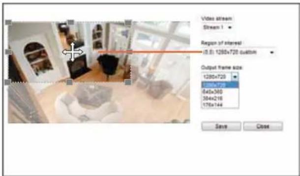 Video stream Stream 1 Region of interest (5.8) 1260x720 custom Output frame size: 1260x720 1260x720 646x360 384x216 176x144 Save Close
