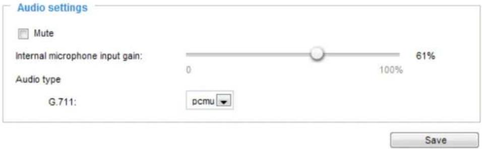 Audio settings Mute Internal microphone input gain: 61% 0 100% Audio type G.711: pcmu Save