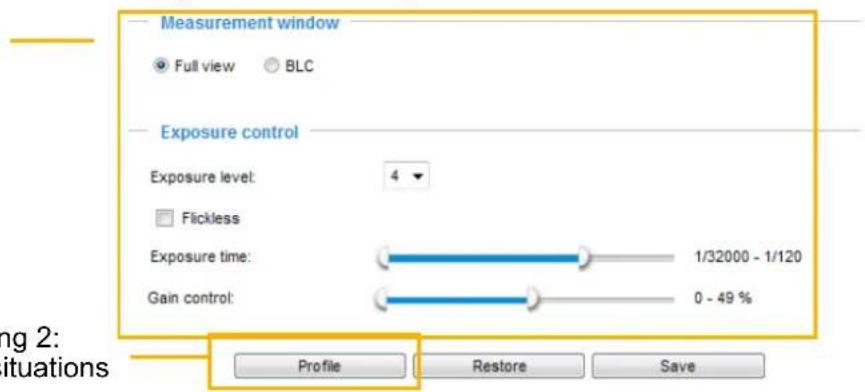 Measurement window Full view BLC Exposure control Exposure level: 4 Flickless Exposure time: 1/32000 - 1/120 Gain control: 0 - 49 % Profile Restore Save ng 2: situations