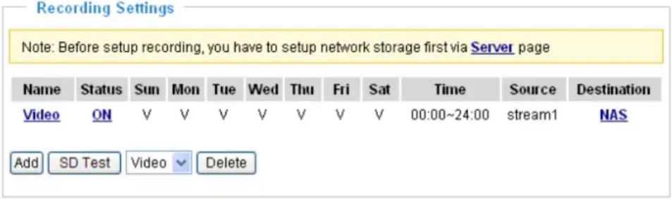 Recording Settings Note: Before setup recording, you have to setup network storage first via Server page Name Status Sun Mon Tue Wed Thu Fri Sat Time Source Destination Video ON V V V V V V V 00:00~24:00 sream1 NAS Add SD Test Video Delete