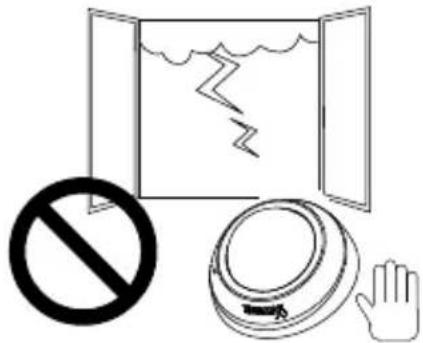Safety warning symbols including a no-smoking sign, broken window, broken wall, and hand gesture