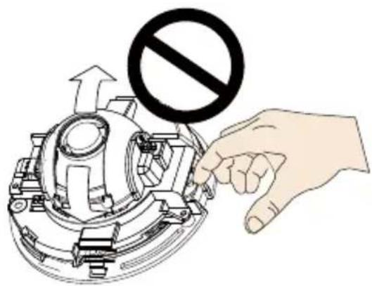 Safety warning illustration showing a hand adjusting a mechanical device with a 'No' symbol above it.