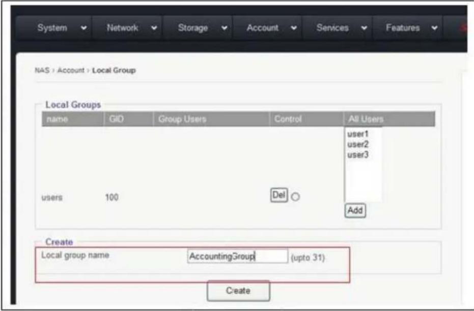System Network Storage Account Services Features NAS > Account > Local Group Local Groups name GID Group Users Control All Users user1 user2 user3 users 100 Del Add Create Local group name AccountingGroup (up to 31) Create