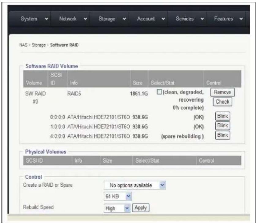 NAS > Storage > Software RAID Software RAID Volume Volume SCSI ID Info Size Select/Stat Control SW RAID RAID5 1861.1G □ (clean, degraded, #0 recovering 0% complete) Remove Check 0:0:0:0 ATA/Hitachi HDE72101/ST6O 930.6G (OK) 1:0:0:0 ATA/Hitachi HDE72101/ST6O 930.6G (OK) 4:0:0:0 ATA/Hitachi HDE72101/ST6O 930.6G (spare rebuilding ) Physical Volumes SCSI ID Info Size Select/Stat Control Control Create a RAID or Spare No options available 64 KB Rebuild Speed High Apply