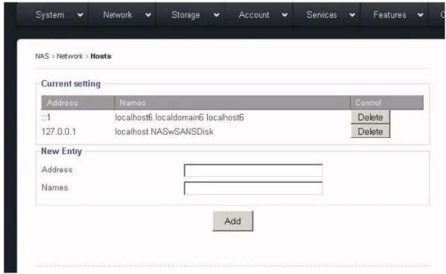 System Network Storage Account Services Features NAS > Network > Hosts Current setting Address Names Control ::1 localhost6.localdomain6 localhost6 Delete 127.0.0.1 localhost NASwSANSDisk Delete New Entry Address Names Add