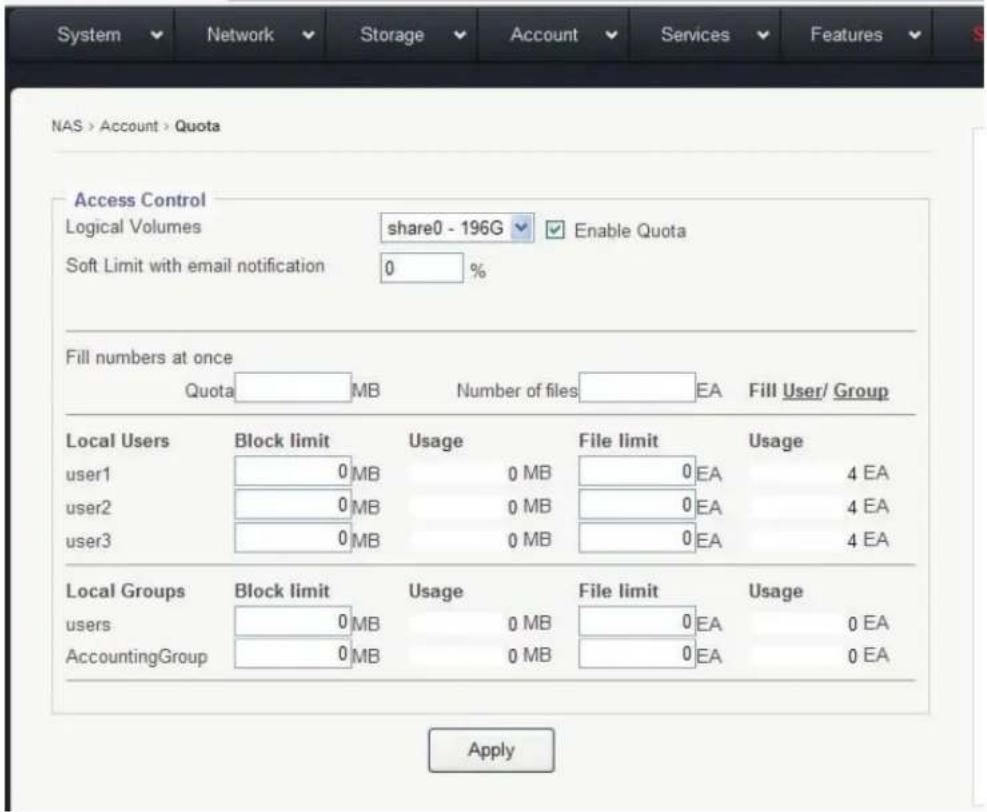 System Network Storage Account Services Features NAS > Account > Quota Access Control Logical Volumes share0 - 196G Enable Quota Soft Limit with email notification 0 % Fill numbers at once Quota MB Number of files EA Fill User/ Group Local Users Block limit Usage File limit Usage user1 0 MB 0 MB 0 EA 4 EA user2 0 MB 0 MB 0 EA 4 EA user3 0 MB 0 MB 0 EA 4 EA Local Groups Block limit Usage File limit Usage users 0 MB 0 MB 0 EA 0 EA AccountingGroup 0 MB 0 MB 0 EA 0 EA Apply