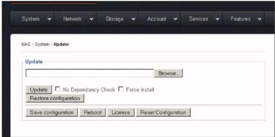 System Network Storage Account Services Features NAS > System > Update Update Browse_ Update □ No Dependency Check □ Force Install Restore configuration Save configuration Reboot License Reset Configuration