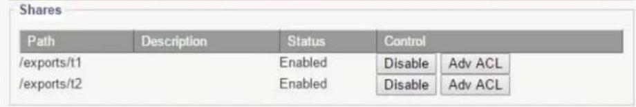 Shares Path Description Status Control /exports/t1 Enabled Disable Adv ACL /exports/t2 Enabled Disable Adv ACL