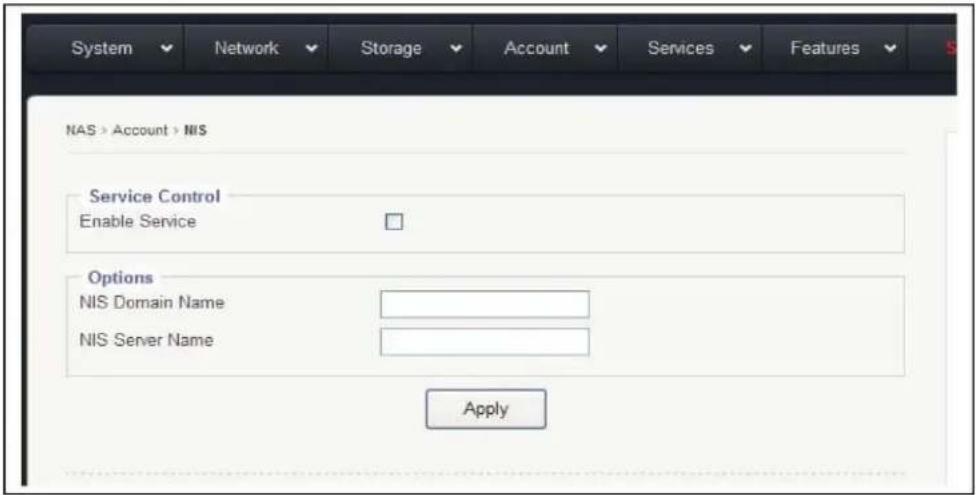 System Network Storage Account Services Features NAS > Account > NIS Service Control Enable Service Options NIS Domain Name NIS Server Name Apply