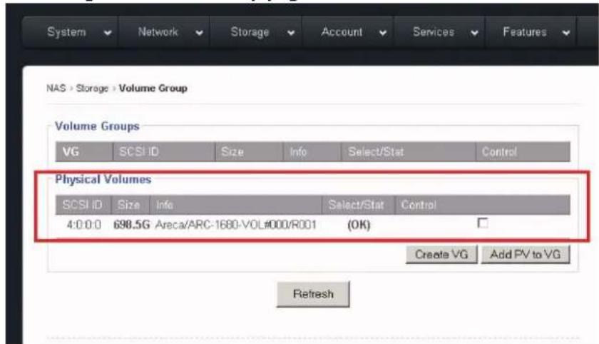 System Network Storage Account Services Features NAS > Storage > Volume Group Volume Groups VG SCSI ID Size Info Select/Stat Control Physical Volumes SCSI ID Size Info Select/Stat Control 4:0:0:0 698.5G Area/ARC-1680-VOL#000/R001 (OK) Create VG Add PV to VG Refresh