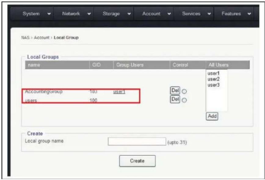 System Network Storage Account Services Features NAS > Account > Local Group Local Groups name GID Group Users Control All Users AccountingGroup 103 User1 Del ○用户1 users 100 Del ○user2 Add Create Local group name (upto 31) Create