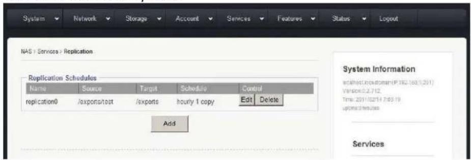 System Network Storage Account Services Features Status Logout NAS > Services > Replication Replication Schedules Name Source Target Schedule Control replication0 /expense/test /exports hourly 1 copy Edit Delete Add System Information localhost:repodium(P.182.163.1.201) Version:0.2.712. Time: 2011/02/14 7:05:19 options:replicates Services