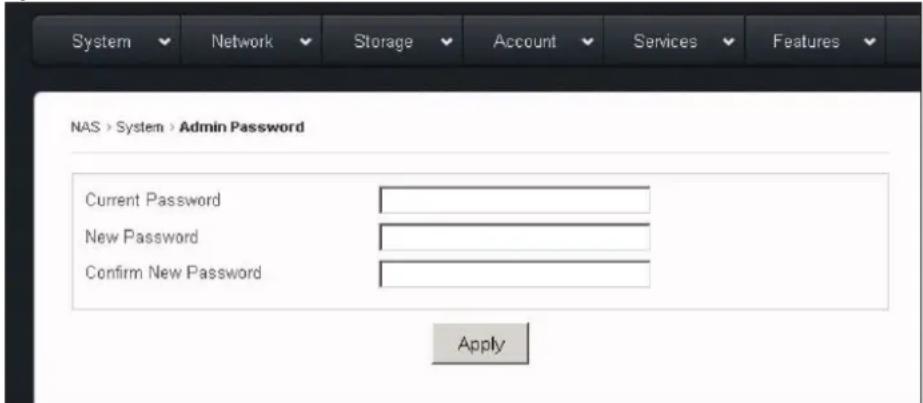 System Network Storage Account Services Features NAS > System > Admin Password Current Password New Password Confirm New Password Apply