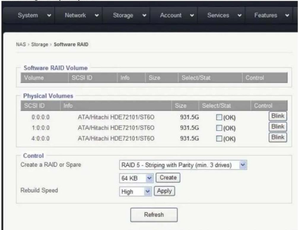 System Network Storage Account Services Features NAS > Storage > Software RAID Software RAID Volume Volume SCSI ID Info Size Select/Stat Control Physical Volumes SCSI ID Info Size Select/Stat Control 0:0:0:0 ATA/Hitachi HDE72101/ST6O 931.5G ☐(OK) Blink 1:0:0:0 ATA/Hitachi HDE72101/ST6O 931.5G ☐(OK) Blink 4:0:0:0 ATA/Hitachi HDE72101/ST6O 931.5G ☐(OK) Blink Control Create a RAID or Spare RAID 5 - Striping with Parity (min. 3 drives) 64 KB Create Rebuild Speed High Apply Refresh