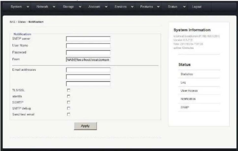 NAS | Status | Notification Notification SMTP server User Name Password From NAS@localhost.localdomain Email addresses TLS/SSL startls SSMTP SMTP debug Send test email Apply System Information NasheatLocaldomain(F:\B0.163.1.251) Version 8.2.7.12 Time: 2911/02/14 7:37:25 inline 12 minutes Status Statistics Log User Access Notification SNMP