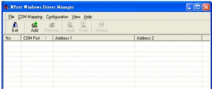 NPort Windows Driver Manager File COM Mapping Configuration View Help Exit Add Remove Apply Undo Setting No COM Port / Address 1 Address 2
