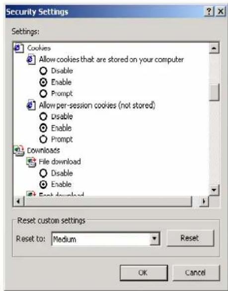 Security Settings Settings: Cookies Allow cookies that are stored on your computer Disable Enable Prompt Allow per-session cookies (not stored) Disable Enable Prompt Downloads File download Disable Enable Next download Reset custom settings Reset to: Medium Reset OK Cancel