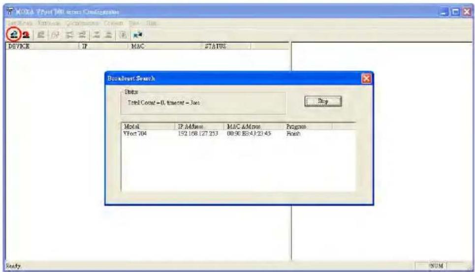 MOSA 7Port 700 core Configuration Device Options Options Control Box Help DEVICE IP MAC STATUS Broadcast Search State Total Compt = 0, timeout = Yes Stop Model IP Address MAC Address Progress YFort 704 192.158.127.253 00:30 83:43:21:45 Finish Ready SUM