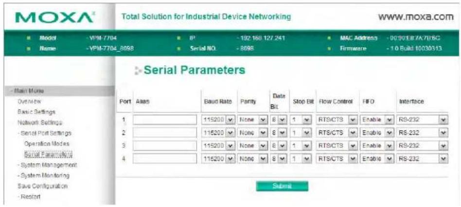 MOXA® Total Solution for Industrial Device Networking WWW.moxa.com ■ Model - VPM-7704 ■ IP - 192 168 127.241 ■ MAC Address - 00 90EB7A7B6C ■ None -VPM-7704_8098 ■ Serial NO. - 8098 ■ Firmware - 10 Build 10030313 Serial Parameters Port Alias Baud Rate Parity Date Bit Stop Bit Flow Control FIFO Interface 1 115200 None 8 1 RTS/CTS Enable RS-232 2 115200 None 8 1 RTS/CTS Enable RS-232 3 115200 None 8 1 RTS/CTS Enable RS-232 4 115200 None 8 1 RTS/CTS Enable RS-232 - System Management - System Monitoring Save Configuration - Restart Submit