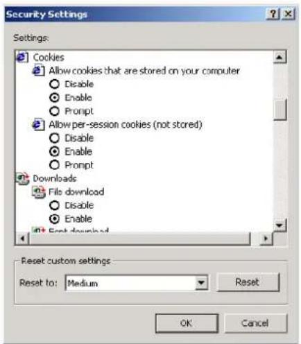 Security Settings Settings: Cookies Allow cookies that are stored on your computer Disable Enable Prompt Allow per-session cookies (not stored) Disable Enable Prompt Downloads File download Disable Enable Next downloads Reset custom settings Reset to: Medium Reset OK Cancel