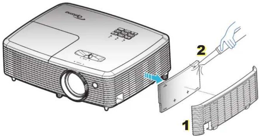 Diagram showing a projector with labeled parts and a hand holding a clip, illustrating the process of lighting or display.