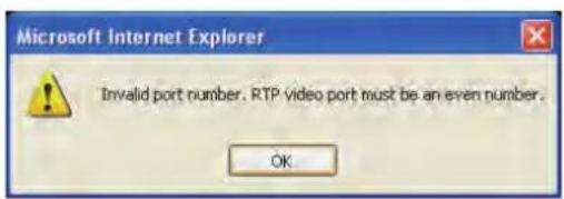 Microsoft Internet Explorer Invalid port number. RTP video port must be an even number. OK