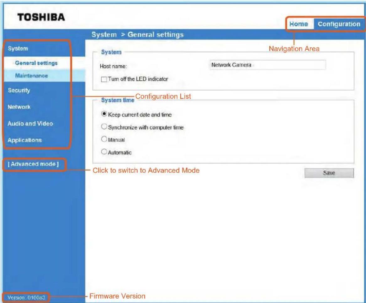 TOSHIBA System > General settings Home Configuration System General settings Maintenance Security Network Audio and Video Applications [ Advanced mode ] System Host name: Turn off the LED indicator Navigation Area System time ● Keep current date and time ○ Synchronize with computer time ○ Manual ○ A…
