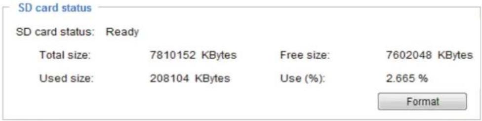 SD card status SD card status: Ready Total size: 7810152 KBytes Free size: 7602048 KBytes Used size: 208104 KBytes Use (%): 2.665 % Format