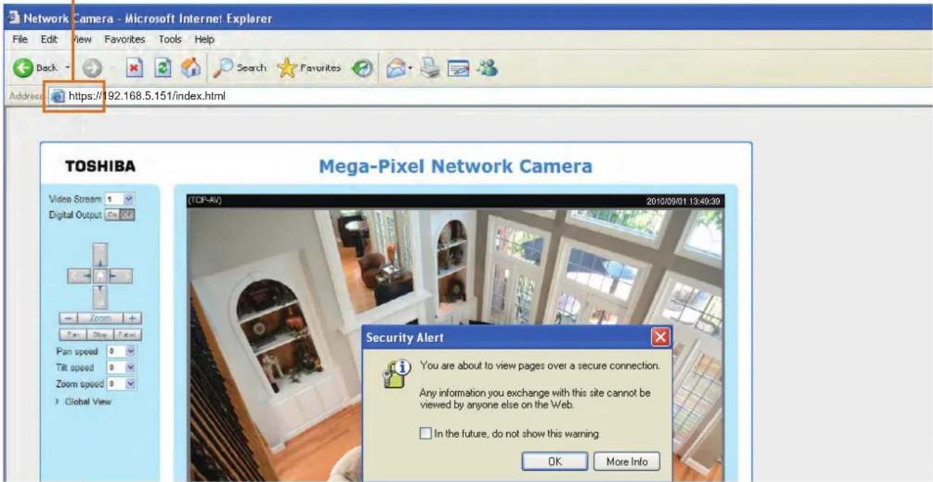 Network Camera - Microsoft Internet Explorer File Edit View Favorites Tools Help Back Address https://192.168.5.151/index.html TOSHIBA Mega-Pixel Network Camera Video Stream 1 Digital Output On Off Pan Speed 0 Tilt speed 0 Zoom speed 0 Global View (TOP-AV) 2010/09/01 13:49:39 Security Alert You are…