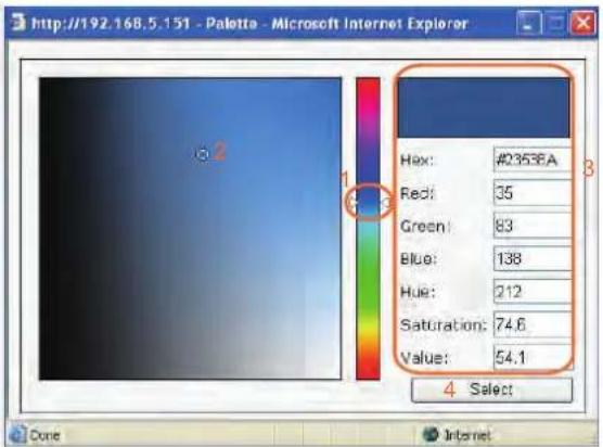http://192.168.5.151 - Palette - Microsoft Internet Explorer Hex: #23538A Red: 35 Green: 83 Blue: 138 Hue: 212 Saturation: 74.6 Value: 54.1 4 Select Cone Internet