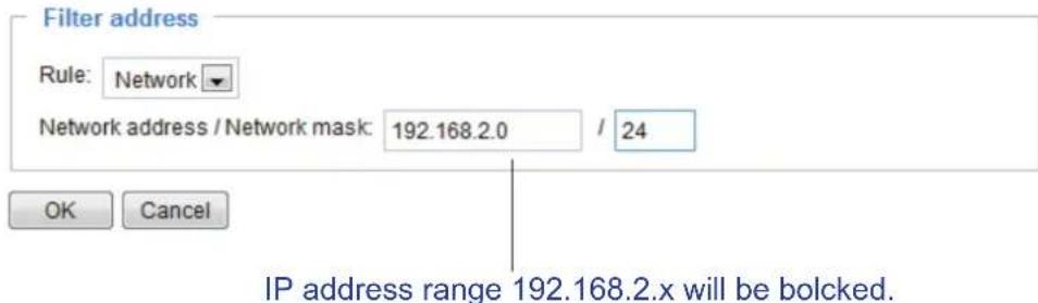 Filter address Rule: Network Network address / Network mask: 192.168.2.0 / 24 OK Cancel IP address range 192.168.2.x will be bolcked.