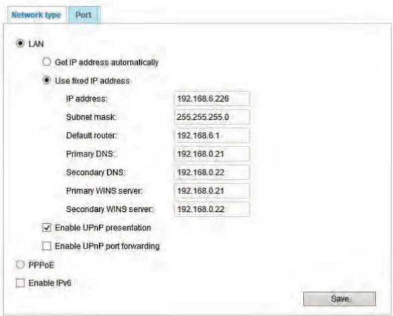 Network type Port ● LAN ○ Get IP address automatically ● Use fixed IP address IP address: 192.168.6.226 Subnet mask: 255.255.255.0 Default router: 192.168.6.1 Primary DNS: 192.168.0.21 Secondary DNS: 192.168.0.22 Primary WINS server: 192.168.0.21 Secondary WINS server: 192.168.0.22 ✓ Enable UPnP pre…