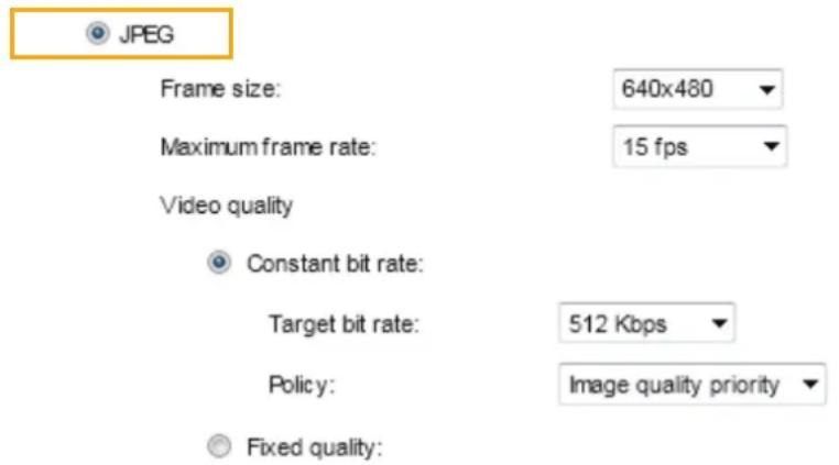 JPEG Frame size: 640x480 Maximum frame rate: 15 fps Video quality Constant bit rate: Target bit rate: 512 Kbps Policy: Image quality priority Fixed quality: