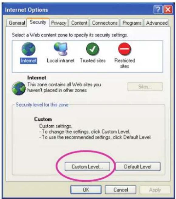 Internet Options General Security Privacy Content Connections Programs Advanced Select a Web content zone to specify its security settings. Internet Local intranet Trusted sites Restricted sites Internet This zone contains all Web sites you haven't placed in other zones Sites... Security level for this zone Custom Custom settings. - To change the settings, click Custom Level. - To use the recommended settings, click Default Level. Custom Level... Default Level OK Cancel Apply