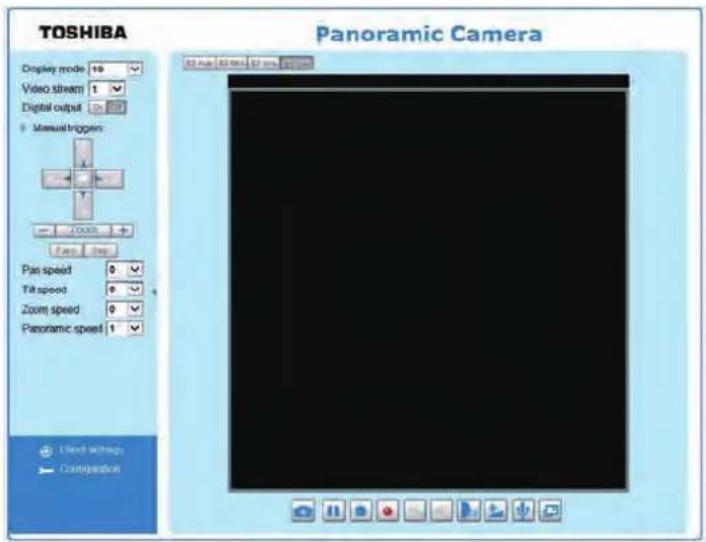 TOSHIBA Panoramic Camera Display mode 10 Video stream 1 Digital output 27 Manual triggers Pan speed 0 Tilt speed 0 Zoom speed 0 Panoramic speed 1 Client settings Configuration