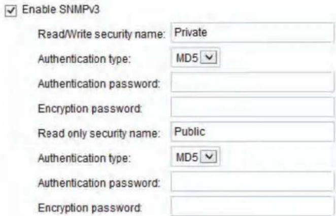 Enable SNMPv3 Read/Write security name: Private Authentication type: MD5 Authentication password: Encryption password: Read only security name: Public Authentication type: MD5 Authentication password: Encryption password:
